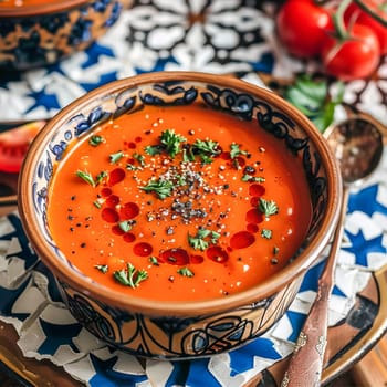 Spanish cold summer tomato soup gazpacho in a bowl with basil, on a white and blue tile surface. Healthy summer food.