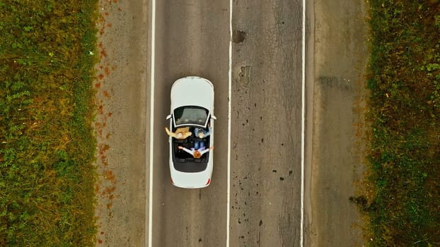 Aerial view of convertible car driving along country road in forest of Georgia in summer on sunny day. Footage. Cinematic drone captures shot of beautiful empty road with the only car