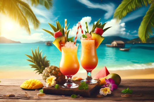 Two tropical cocktails and fruits against the background of the sea.