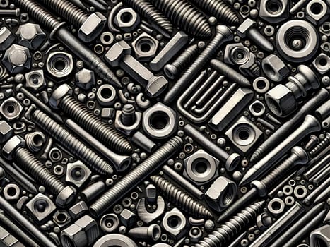 Horizontal pattern of nuts, bolts and screws on a gray background.