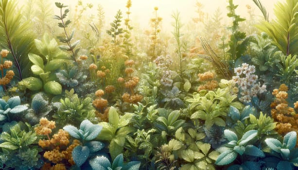 bright botanical background of various herbs and flowers with dew drops.