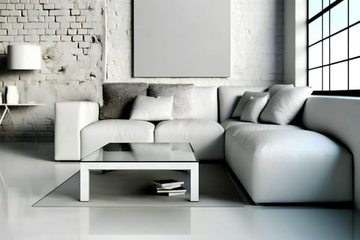Loft-style living room in white tones with an emphasis on detailed elements, white leather sofa and mirrored coffee table