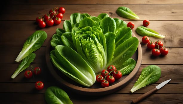 fresh green romaine lettuce leaves and several cherry tomatoes laid out on a wooden table.