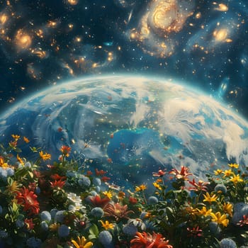 A beautiful painting of the world surrounded by colorful flowers, set against a stunning natural landscape. The sky is filled with stars and gives a sense of peace and wonder