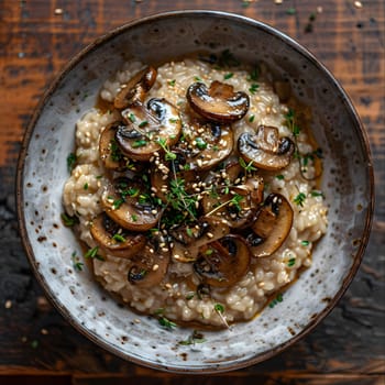A delicious dish of risotto with mushrooms and sesame seeds served on a wooden table, showcasing a blend of flavors and textures