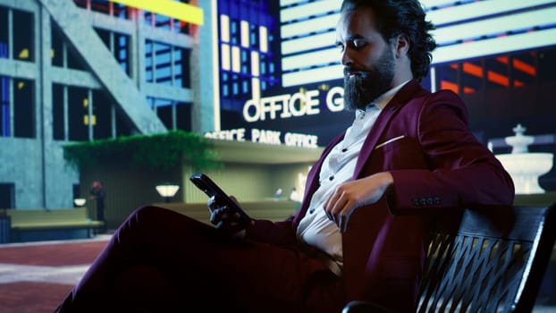 Financial advisor checks phone notifications sitting on bench, admiring city center night lights. Businessman capital funds investor preparing to grow company internationally, following trends.