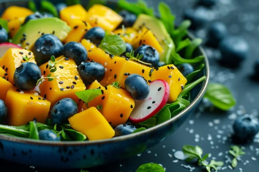 A blue bowl filled with a colorful assortment of fruits and vegetables, including rocket salad, mango, avocado, and red radish.