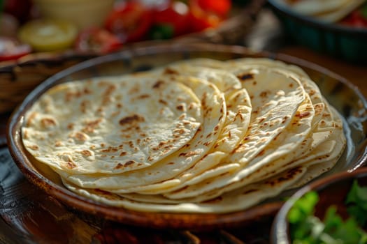 Close-up view of a plate filled with tortillas neatly arranged on a wooden table.