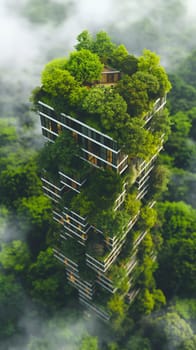 A modern high-rise building is enshrouded in morning mist, its balconies overflowing with lush greenery, blending into the forest surroundings - Generative AI