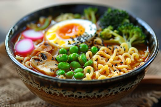 A bowl filled with steaming ramen soup topped with eggs, broccoli, and mushrooms.