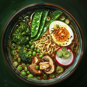 A bowl filled with delicious ramen soup, featuring boiled eggs, green peas, fresh broccoli, and chewy noodles.