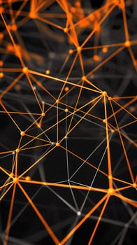 An intricate network of interconnected orange lines forms a complex geometric pattern against a dark background, symbolizing connectivity - Generative AI