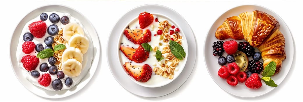 Three plates feature yogurt topped with fresh fruit, nuts, and croissants. They are garnished with mint leaves and arranged side by side.