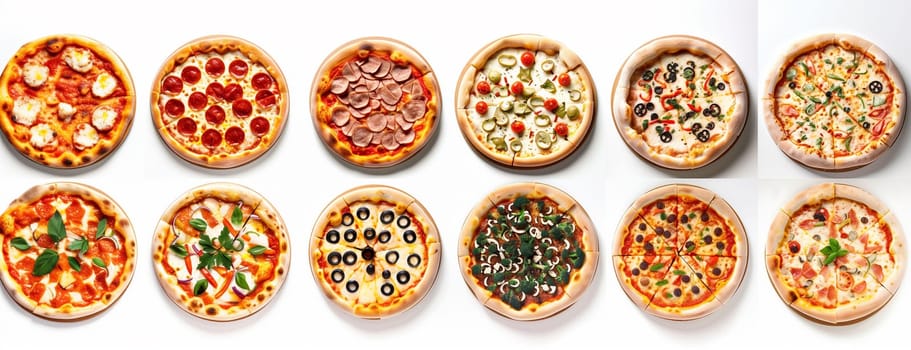 Different types of pizzas, including pepperoni, margherita, and vegetarian, are displayed on a clean white table.