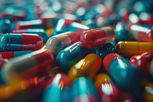 A close-up view of various colorful pharmaceutical capsules scattered, focusing on their vibrant hues and shiny surfaces.