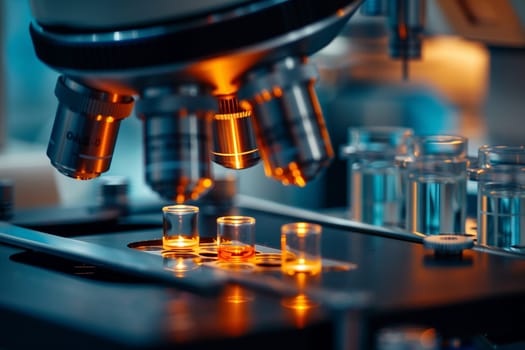 A microscope surrounded by an array of test tubes in a laboratory setting.