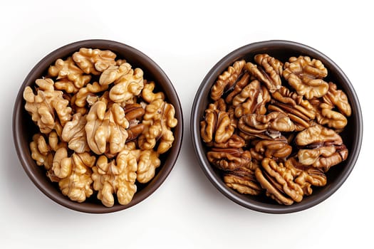 Two bowls filled with walnuts sitting on a clean white background.