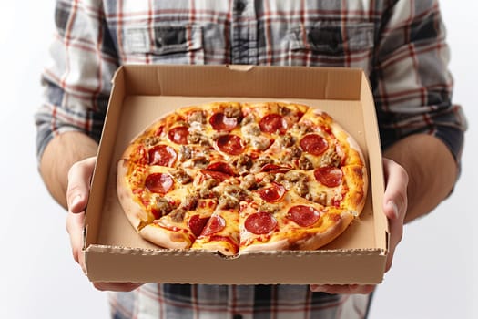 A man standing and holding a pizza box containing a freshly baked pizza.