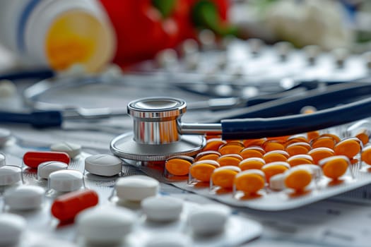 A table filled with various pills and a stethoscope on top, showing a medical setting or preparation for patient care.