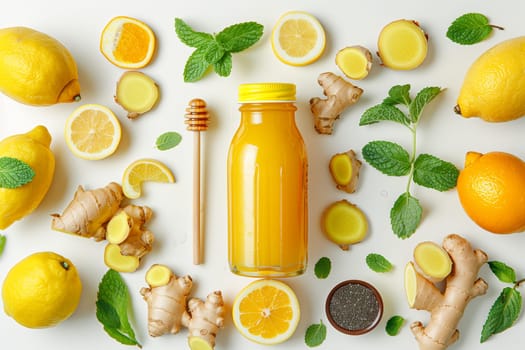 A bottle of lemon juice surrounded by fresh lemons and ginger, showcasing ingredients for a refreshing drink or recipe.