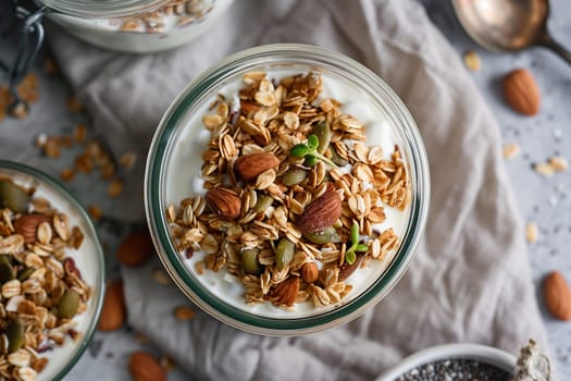A delicious serving of crispy spelt granola topped with nuts and seeds, paired with natural yogurt in a clear jar, set on a rustic table.