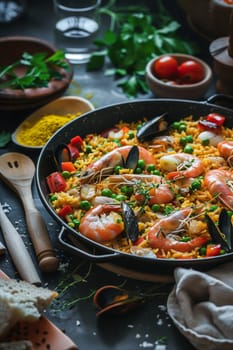 A vibrant seafood paella with shrimp, mussels, and vegetables is beautifully presented in a rustic kitchen, surrounded by fresh ingredients and utensils.