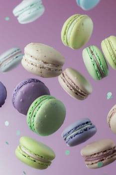 A variety of colorful macarons, including green, purple, and cream, appear to float against a vibrant purple backdrop, creating a whimsical and delicious visual.