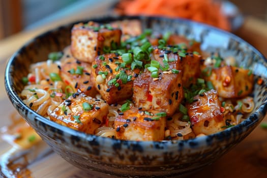 A bowl filled with Pad Thai fried rice noodles, tofu, and aromatic ingredients resting on a wooden table.