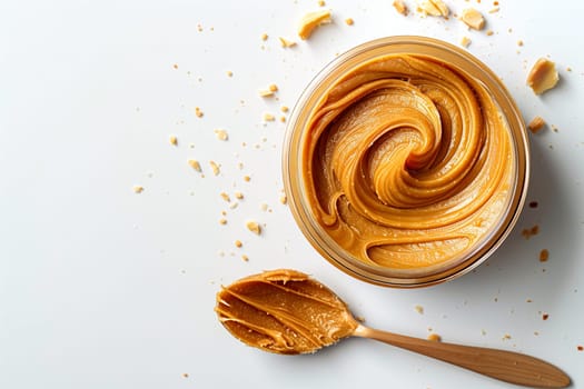 A glass bowl filled with creamy peanut butter and a silver spoon beside it.