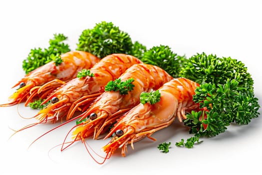 A collection of shrimp surrounded by fresh parsley leaves on a plain white backdrop.