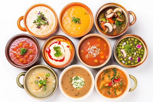 A variety of soups are positioned in a circular formation, showcasing an assortment of flavors and ingredients.