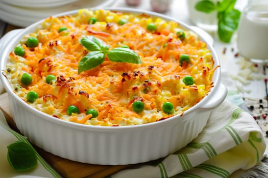 A casserole dish filled with tuna, peas, and carrots.