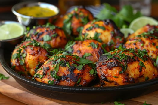 A detailed view of a plate filled with tandoori chicken, a traditional marinated and baked chicken dish, placed on a table.