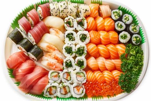 A platter filled with a variety of sushi rolls, nigiri, and sashimi, neatly arranged on a white background.