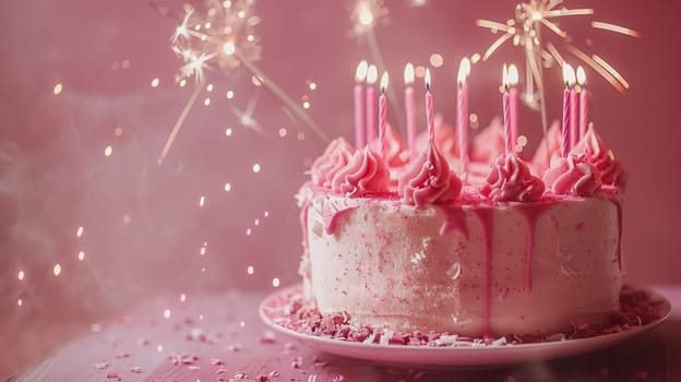 A birthday cake with pink frosting and multiple lit candles, ready for a celebration.