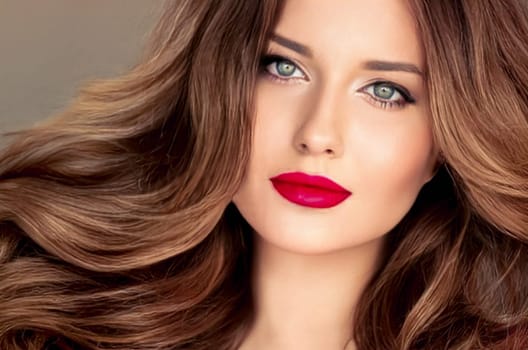 Beauty, makeup and hairstyle, face portrait of beautiful woman, red lipstick make-up and hair styling for skincare cosmetics, hair care, glamour style and fashion look idea