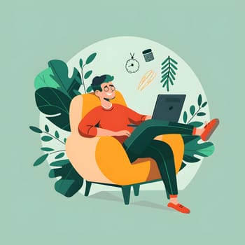 An organism is sitting leisurely in a chair, using a laptop for recreation. The scene could be an illustration with a cartoon style, showing a rectangleshaped laptop screen with unique fonts