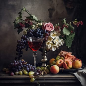 Classic still life composition with a rich arrangement of flowers and fresh fruits and a glass of wine, accented by lush, vintage floral elements