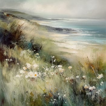 Oil style fine art coastal painting of the English coast, romantic seaside and floral meadow in soft pastel colours, evoking a sense of tranquility and natural beauty, printable art design