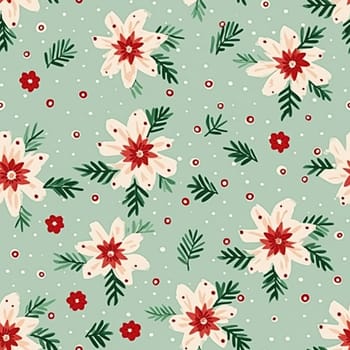 Seamless pattern, tileable Christmas holiday floral country dots print, English countryside flowers for wallpaper, wrapping paper, scrapbook, fabric and product design motif