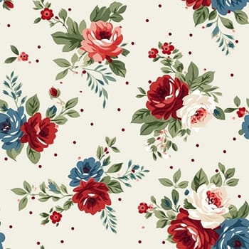 Seamless pattern, tileable floral country holiday print with roses, dots and flowers for wallpaper, wrapping paper, scrapbook, fabric and polka dot roses product design idea