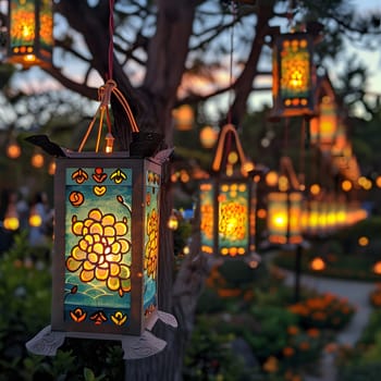 A variety of lanterns are suspended from the branches of a tree, casting a soft glow onto the grass below. The tints and shades create a whimsical lighting effect