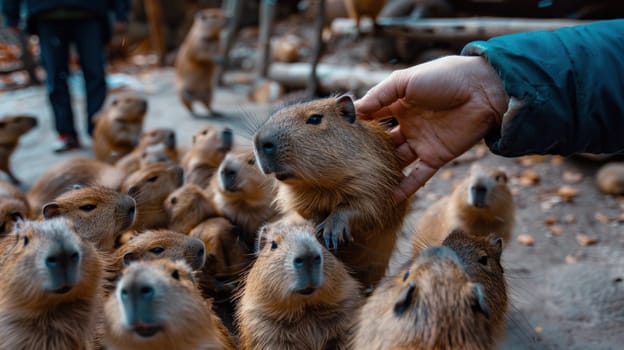 A man feeds a group of capybaras.