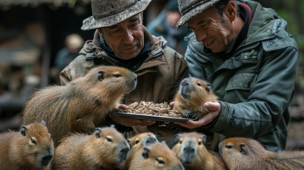 A man feeds a group of capybaras.