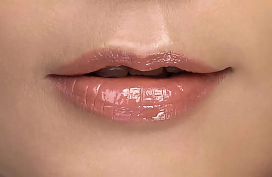 Sexy pink red woman lips close up, beautiful makeup, macro, beautiful pink red lip gloss, advertising, cosmetic, mouth slightly open, big lips for content creation