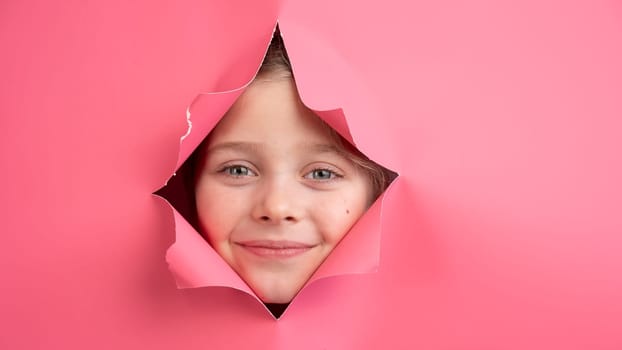 Cute Caucasian girl peeks out of a hole in a paper pink background