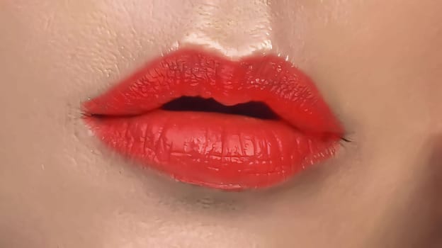 Sexy pink red woman lips close up, beautiful makeup, macro, beautiful pink red lip gloss, advertising, cosmetic, mouth slightly open, big lips for content creation