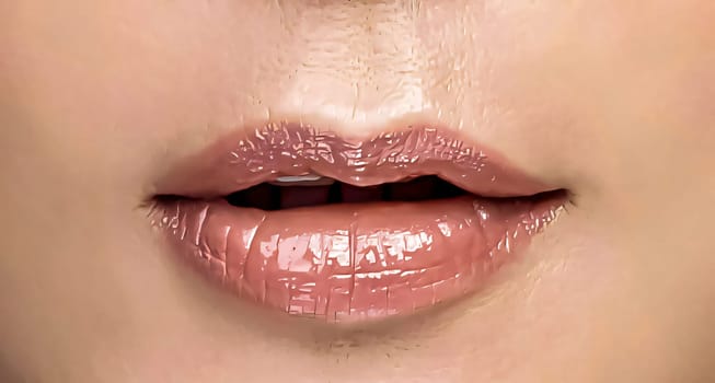 Sexy pink red woman lips close up, beautiful makeup, macro, beautiful pink red lip gloss, advertising, cosmetic, mouth slightly open, big lips for content creation