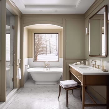 Country bathroom decor, interior design and home improvement, bathtub and bathroom furniture, country cottage style in winter, post-processed, generative ai