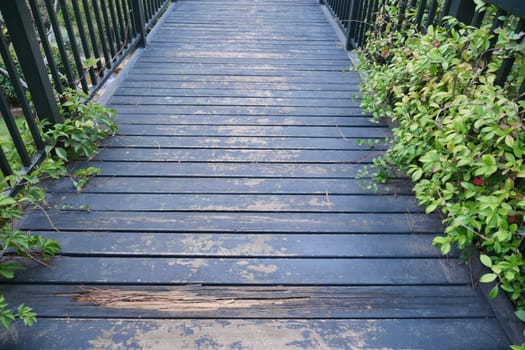 In the park, a weathered wooden bridge walkway shows signs of use, surrounded by lush greenery on both sides